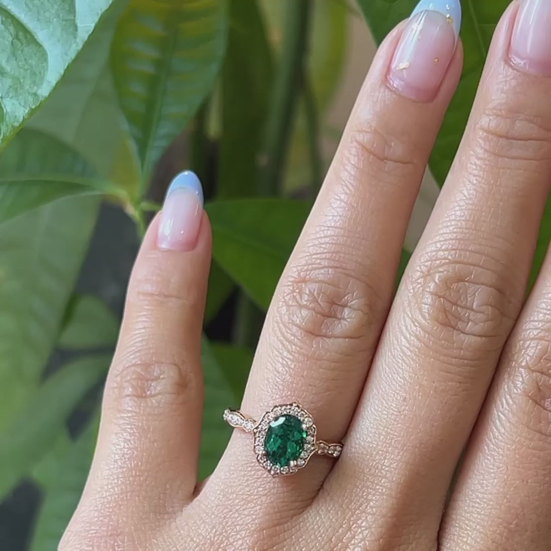 7x9mm Oval Emerald Diamond Leaf Vine Engagement Ring 14K Gold